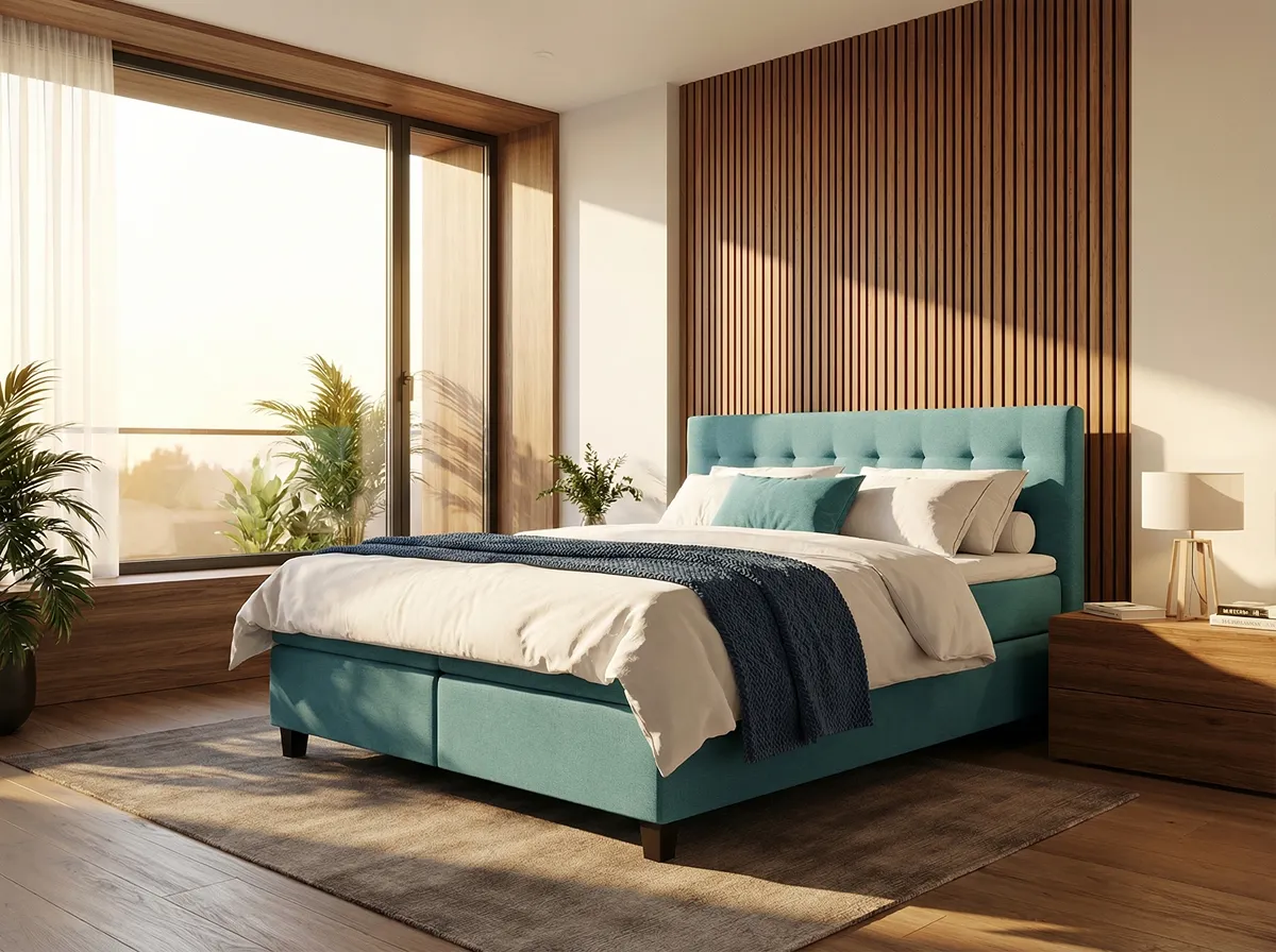 Schlafzimmer mit Boxspringbett und Nachtkommode aus Holz