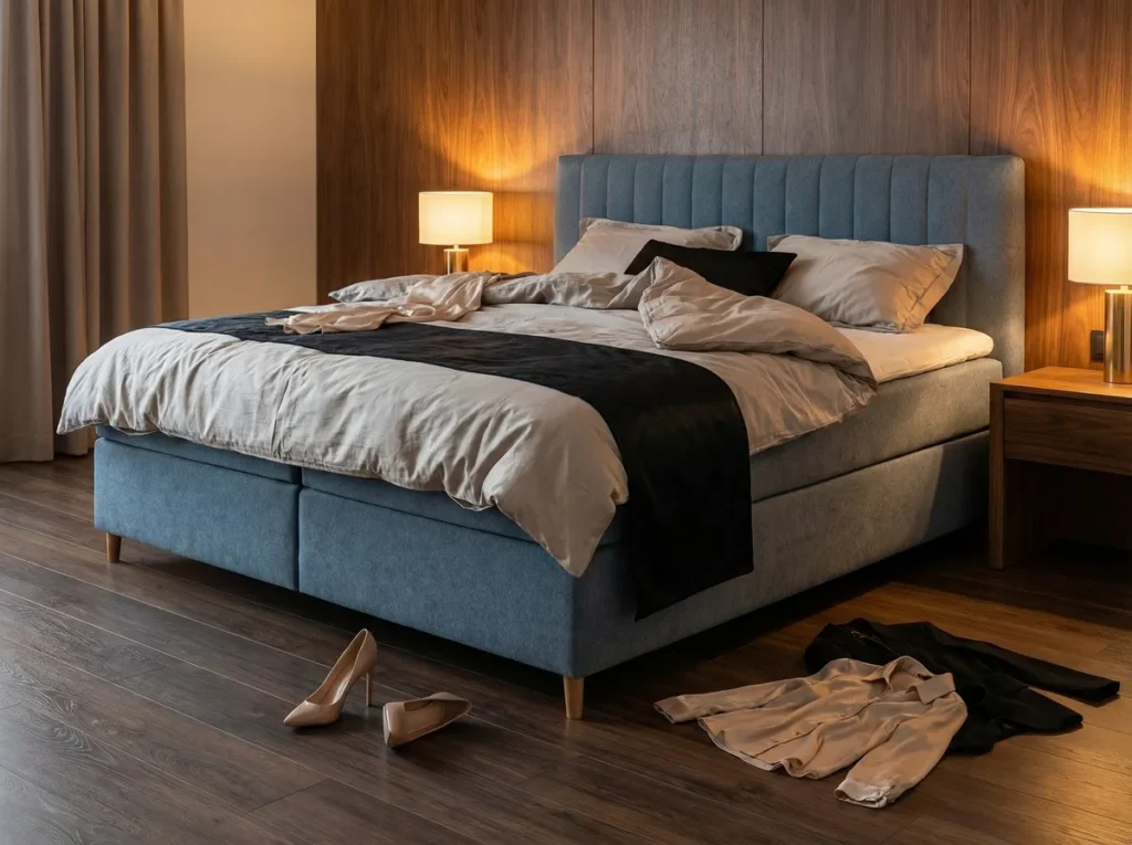 Boxspringbett mit blauem Stoffbezug und gepolstertem Kopfteil im Schlafzimmer