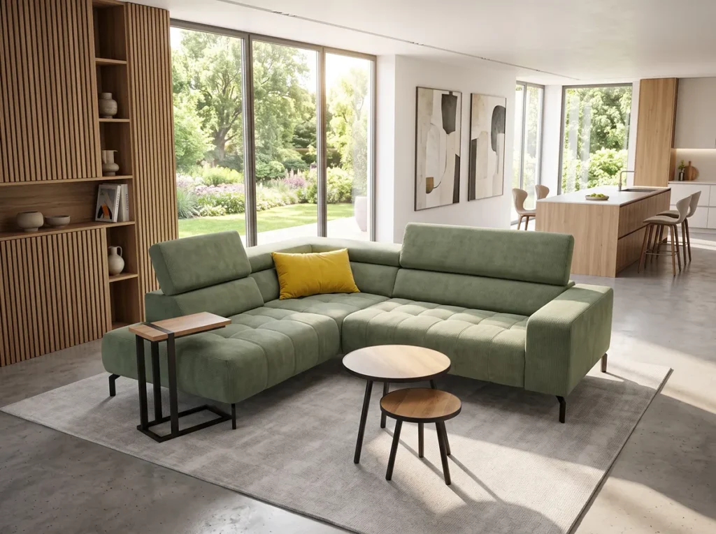 Grünes Cord-Ecksofa mit verstellbaren Kopfstützen im offenen Wohnraum